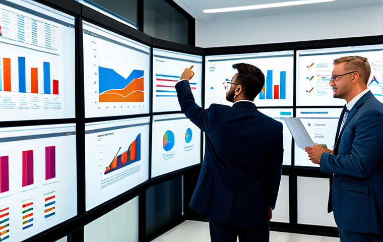 A diverse group of professional business individuals, fully clothed in modest business attire, are gathered around a large interactive screen in a bright, modern innovation lab. They are actively engaged in data analysis, pointing at graphs and charts displaying market validation metrics and consumer feedback. The atmosphere is collaborative and focused, symbolizing core concept testing and early market insights. The image emphasizes professional photography, high detail, perfect anatomy, correct proportions, natural pose, well-formed hands, and proper finger count. This is a safe for work, appropriate content, and professional image.