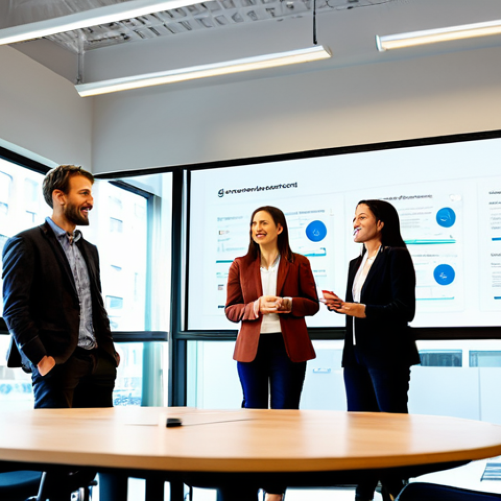 A diverse group of professional individuals, male and female, collaborating around a large interactive screen displaying crowdfunding campaign data. They are wearing modest business casual attire, fully clothed. The setting is a bright, modern co-working space with large windows and comfortable seating. The atmosphere is optimistic and collaborative, showcasing teamwork and innovation. Perfect anatomy, correct proportions, natural pose, well-formed hands, proper finger count, natural body proportions. Professional photography, high resolution, soft lighting, safe for work, appropriate content, family-friendly.