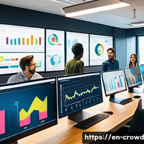 크라우드펀딩의 성공 전략을 위한 데이터 활용 - A modern, sleek office workspace showing a diverse team of young professionals analyzing colorful di...