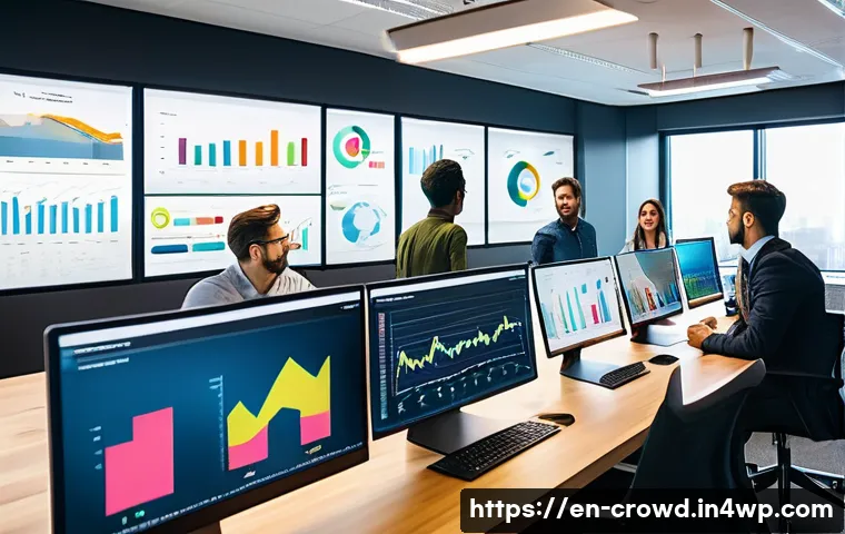 크라우드펀딩의 성공 전략을 위한 데이터 활용 - A modern, sleek office workspace showing a diverse team of young professionals analyzing colorful di...