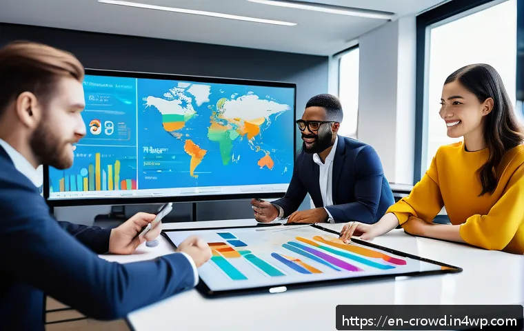 크라우드펀딩의 투자 성과 예측 모델 구축 - A modern office scene showing a diverse group of young professionals collaborating around a large di...