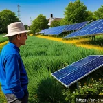 크라우드펀딩을 통한 환경 친화적 투자 전략 - A vibrant community solar farm in a suburban neighborhood under a bright blue sky, with diverse peop...
