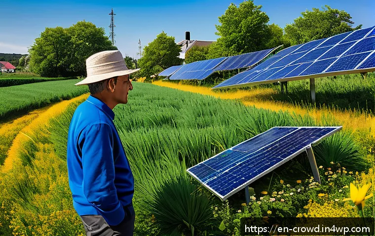 크라우드펀딩을 통한 환경 친화적 투자 전략 - A vibrant community solar farm in a suburban neighborhood under a bright blue sky, with diverse peop...